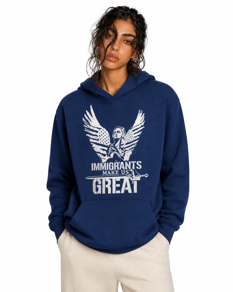 The Architect Hoodie Winged Liberty in Navy, worn, chest detail