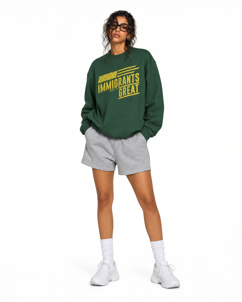 The Sovereign Crewneck Vanguard in Legacy Green, worn, front