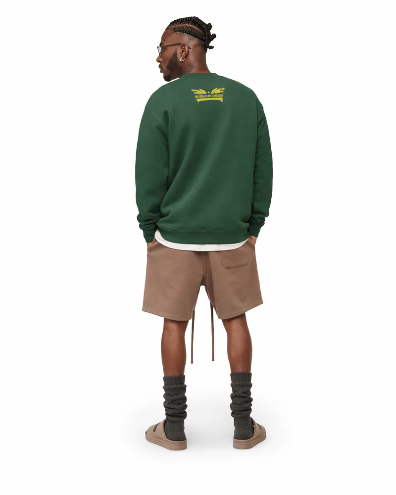 The Sovereign Crewneck Vanguard in Legacy Green, worn, back