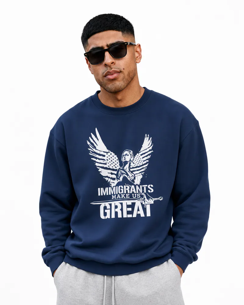 The Sovereign Crewneck Winged Liberty in Navy, worn, chest detail